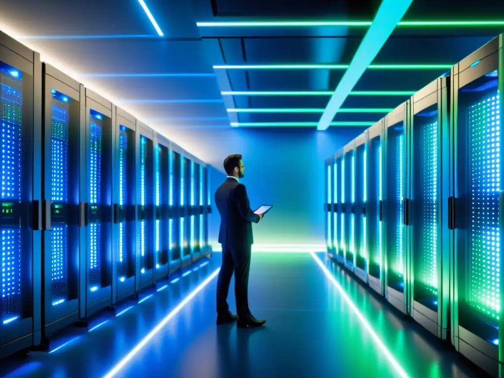 Una sala de servidores futurista con luces LED azules y verdes, organizada y moderna