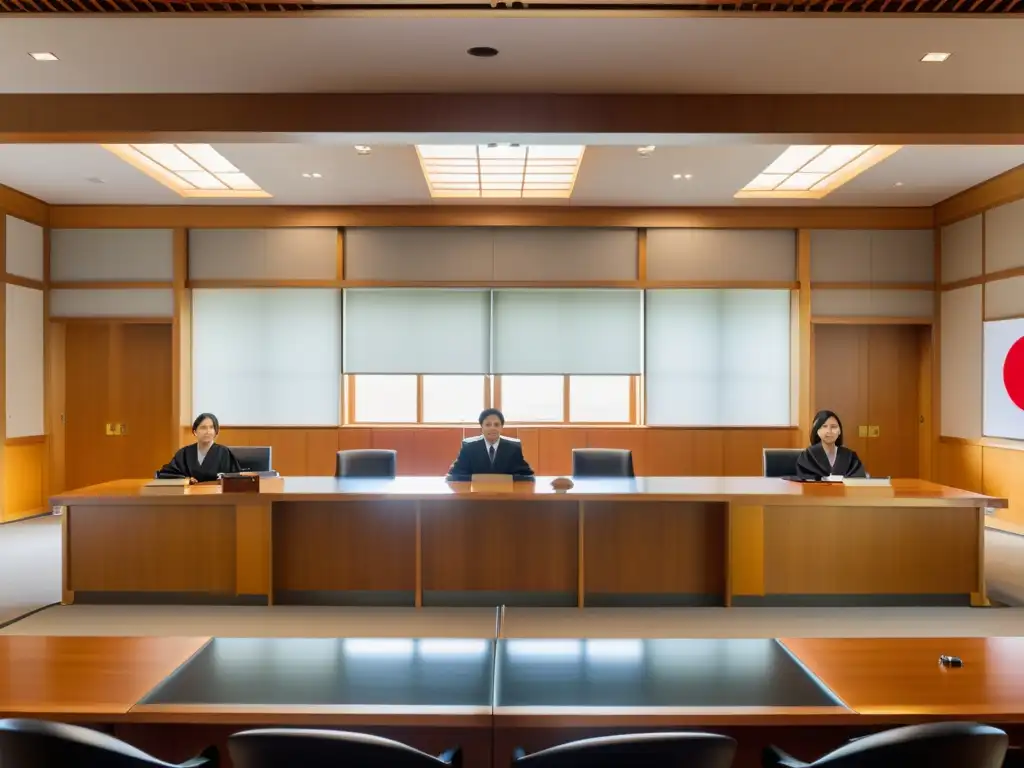 Una sala de tribunal japonesa moderna con diseño minimalista y luz natural