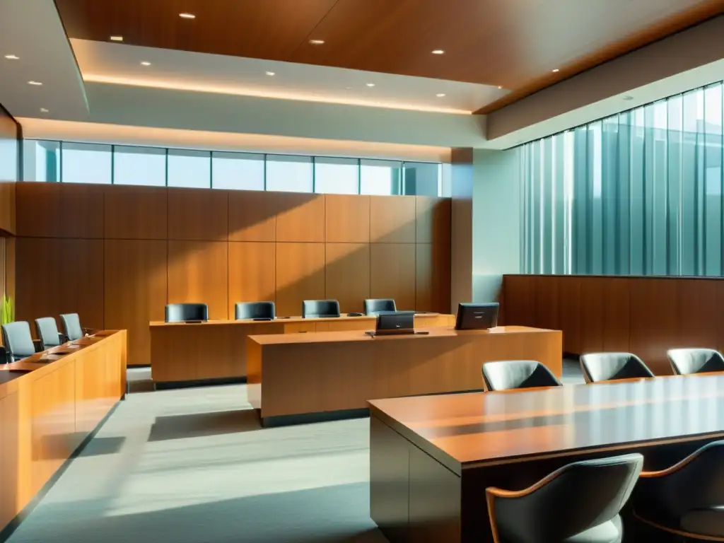 Una sala de tribunal moderna y elegante con un diseño minimalista y una sensación de autoridad