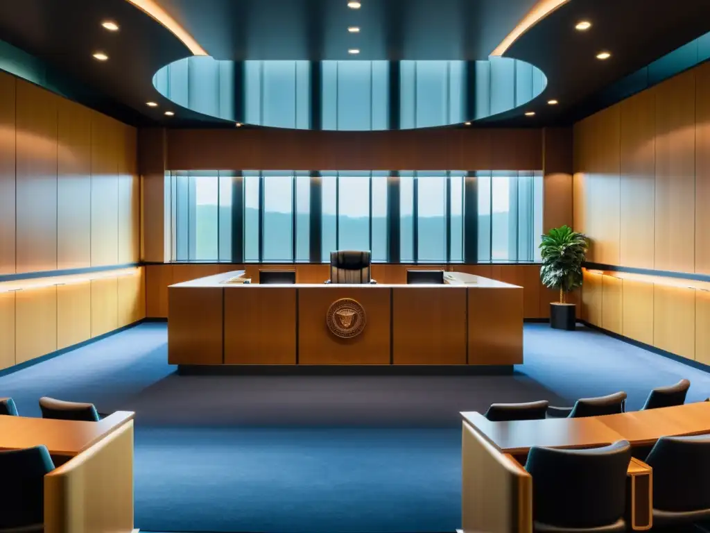 Una sala de tribunal moderna y elegante con una atmósfera dramática y autoritaria, destacando el estrado del juez