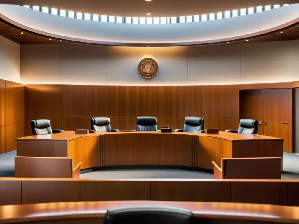 Una sala de tribunal moderna con luz natural, abogados y clientes en profundas discusiones
