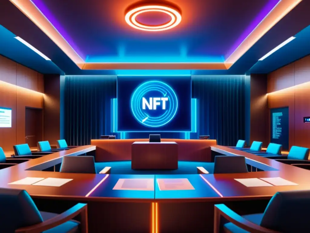 Un salón de tribunal digital con arte NFT flotante, símbolos de copyright y documentos legales, proyecta protección legal para activos digitales NFT