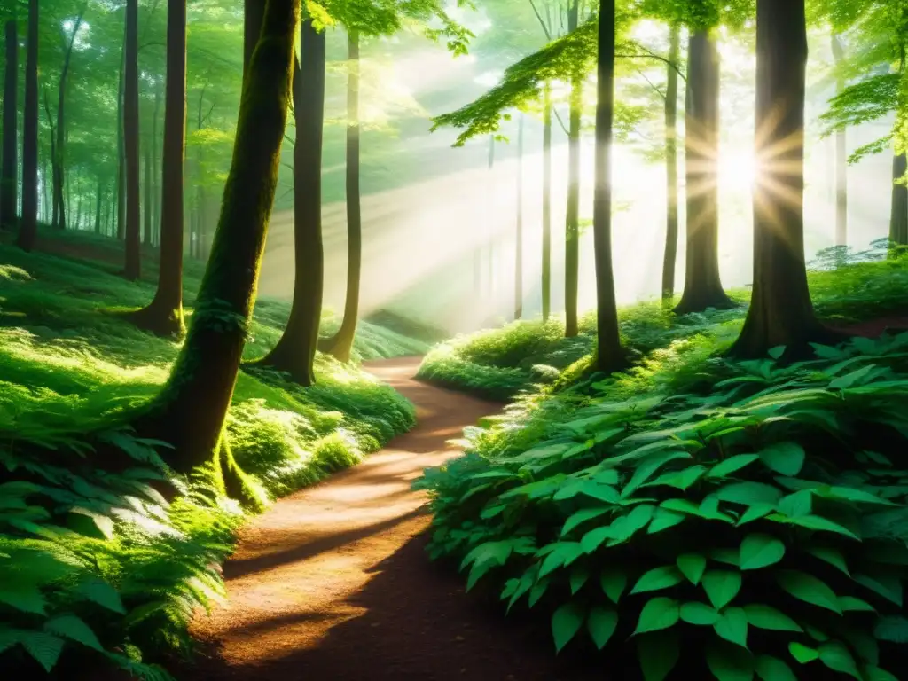 Sendero serpenteante en un exuberante bosque verde con luz solar filtrándose a través del dosel, resaltando hojas vibrantes