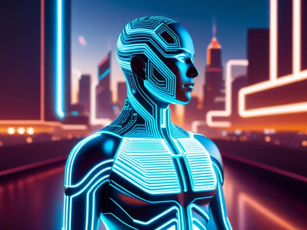 Un ser humanoide de circuitos y código binario en una ciudad futurista