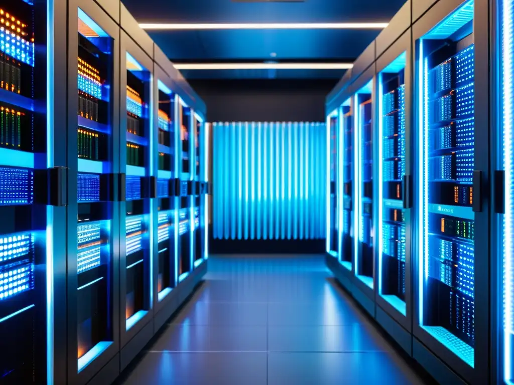 Un servidor de alta tecnología y cables de fibra óptica organizados en una sala futurista, desafiando la propiedad intelectual en big data