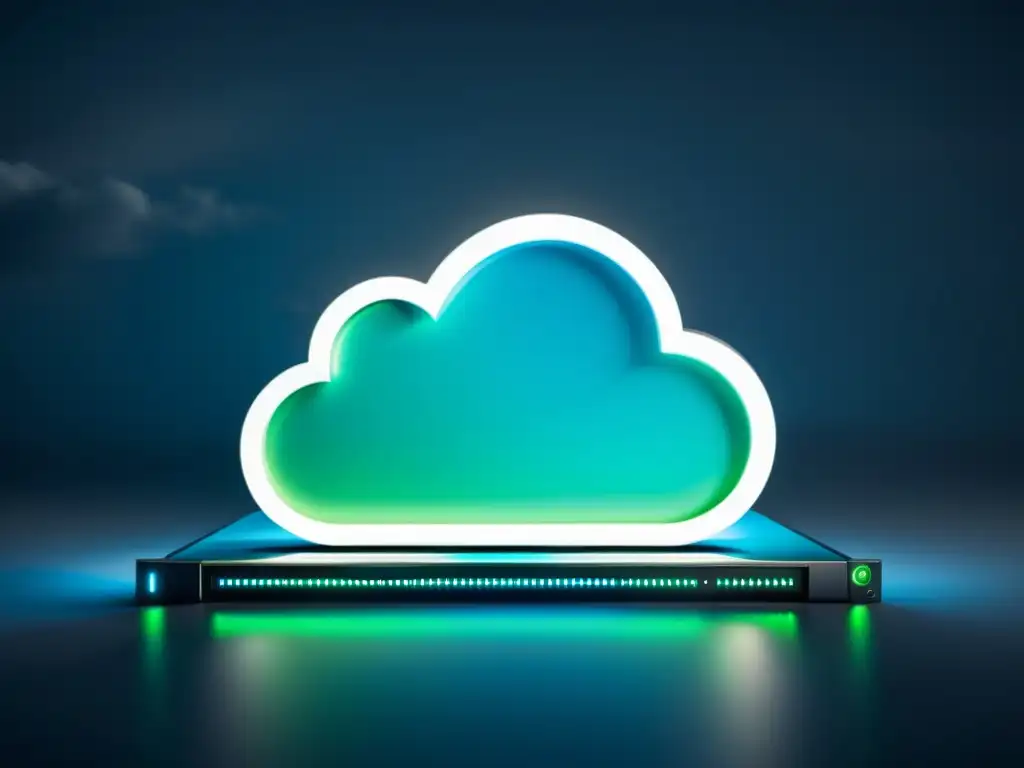 Servidor de computación en la nube con luces azules y verdes, evocando innovación y protección de propiedad intelectual en el software SaaS