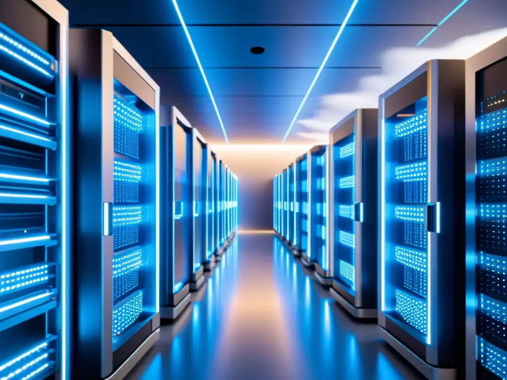 Un servidor en la nube futurista y detallado con torres metálicas interconectadas por senderos azul neón, desafíos de seguridad almacenamiento online