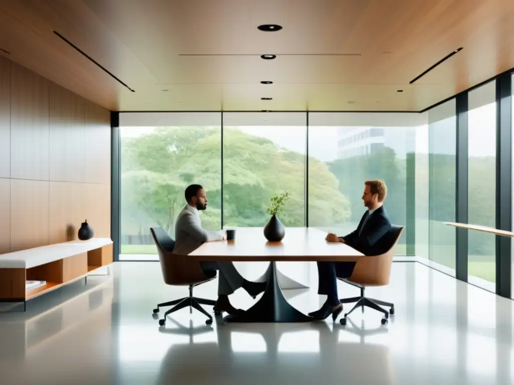 Una sesión de mediación pacífica en una moderna sala de conferencias, con luz natural y un ambiente sereno