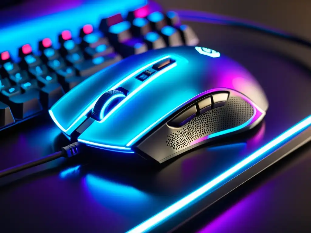 Un set de teclado y ratón futuristas para gaming, iluminados con luces LED vibrantes en tonos azules y morados