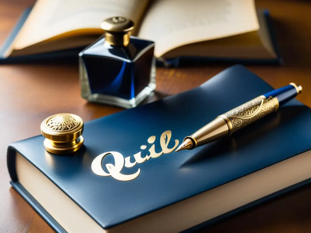 Pluma vintage y tintero: tradición y elegancia en la escritura Un set vintage de pluma y tintero con detalles dorados y tinta azul reposa sobre un libro de cuero desgastado