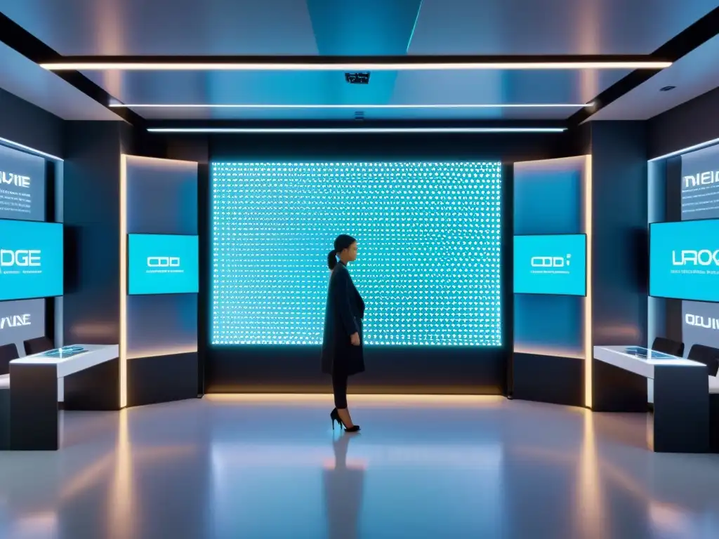 Showroom futurista de moda tech con protección de software innovador y diseño minimalista
