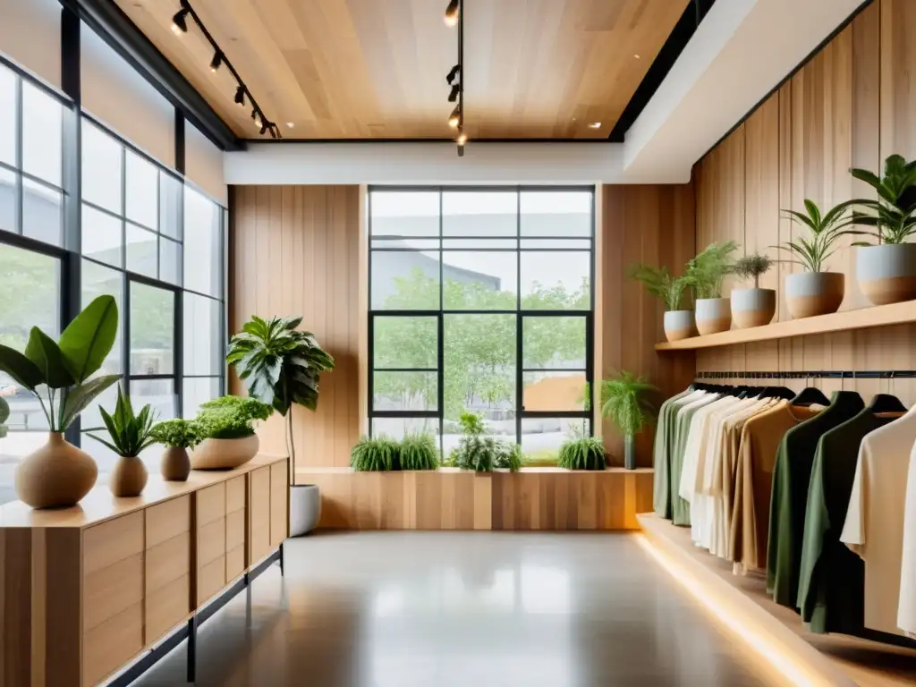 Showroom de marca de moda ecológica, con materiales sostenibles y decoración minimalista