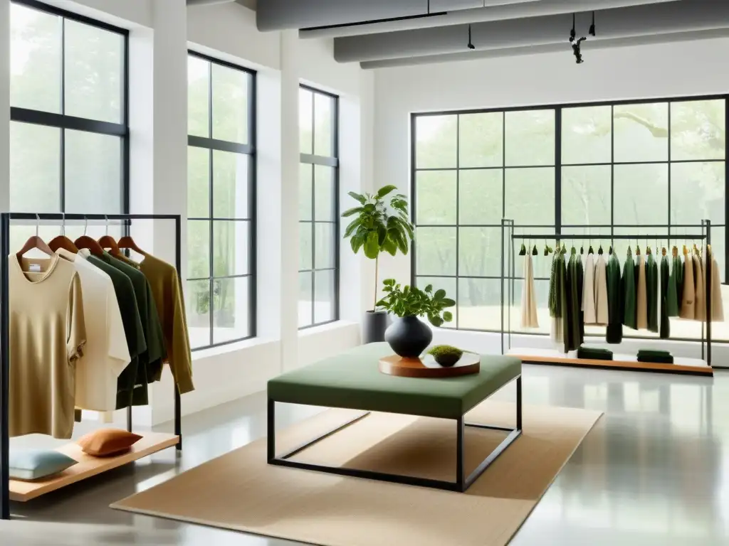 Showroom de marca de moda ecológica sostenible con ropa minimalista y sostenible en elegantes perchas geométricas
