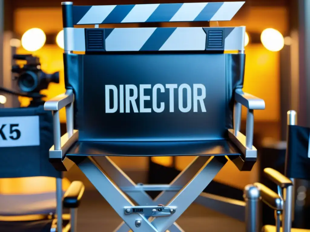 Una silla de director de cine con elementos de filmación y una bulliciosa producción, iluminada dramáticamente