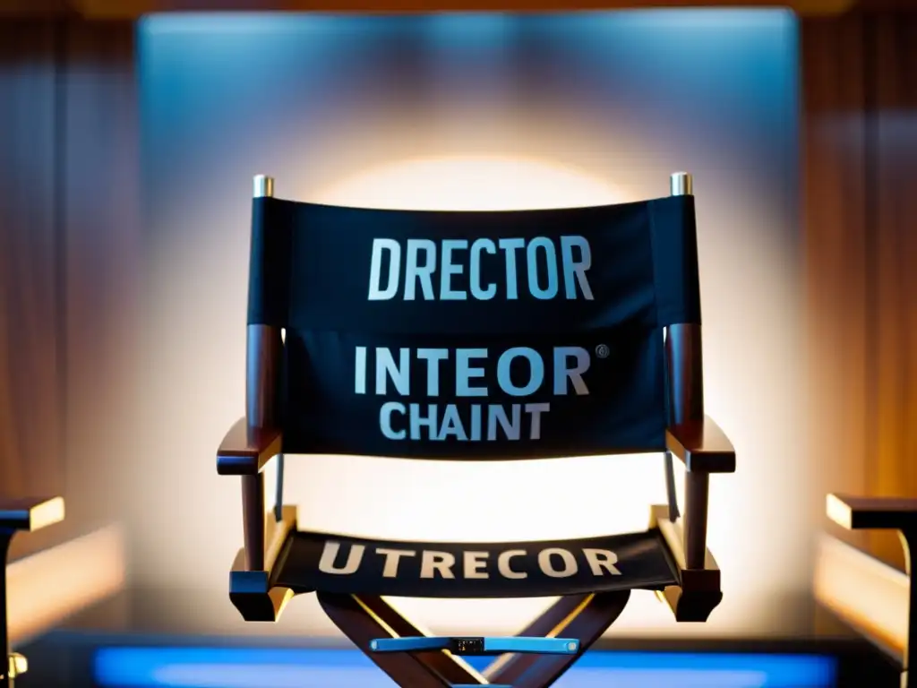 Una silla de director con el nombre grabado, frente a un set de cine moderno, transmitiendo autoridad y creatividad
