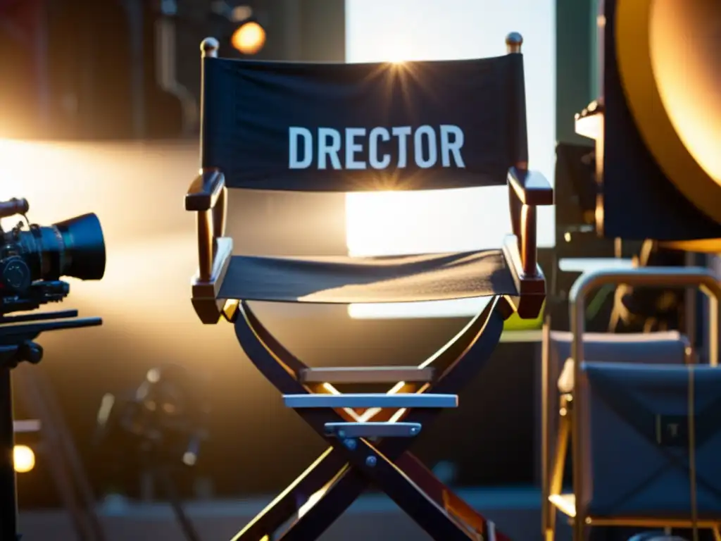 Una silla de director en primer plano con la palabra 'Director' en el respaldo, en un set de filmación activo