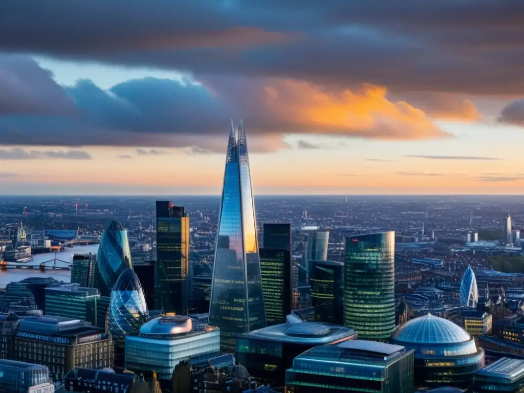 Silueta de la ciudad de Londres al atardecer, con los emblemáticos edificios Shard y Gherkin