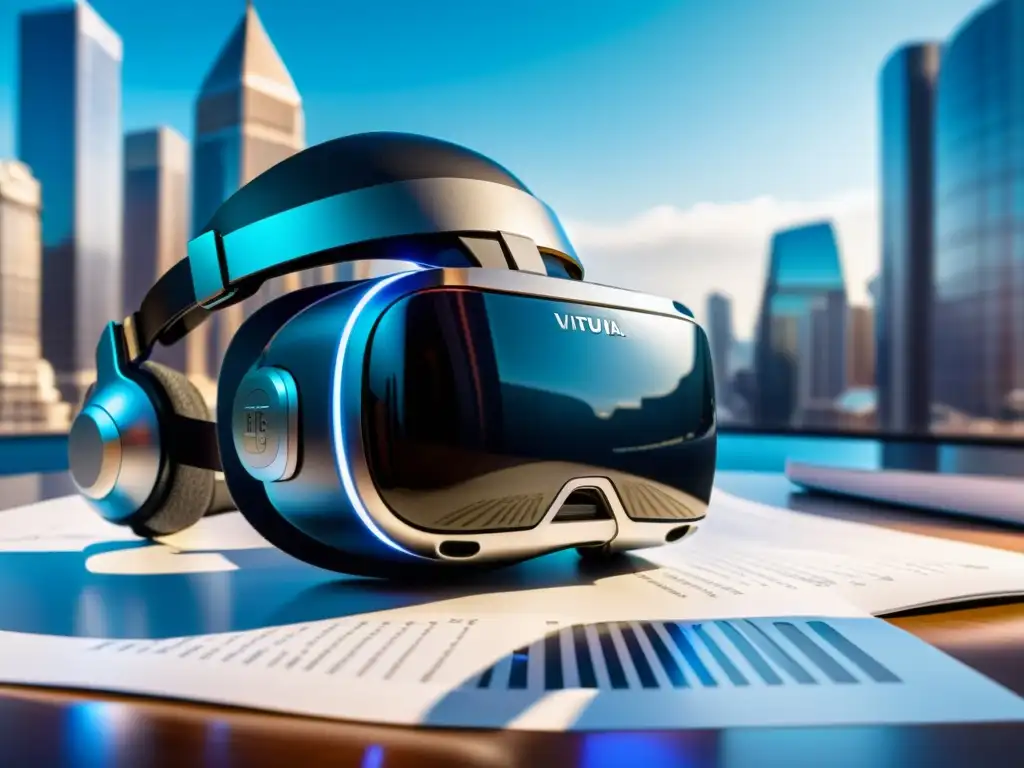 Simulador de realidad virtual con patentes y ciudad futurista reflejada en el visor
