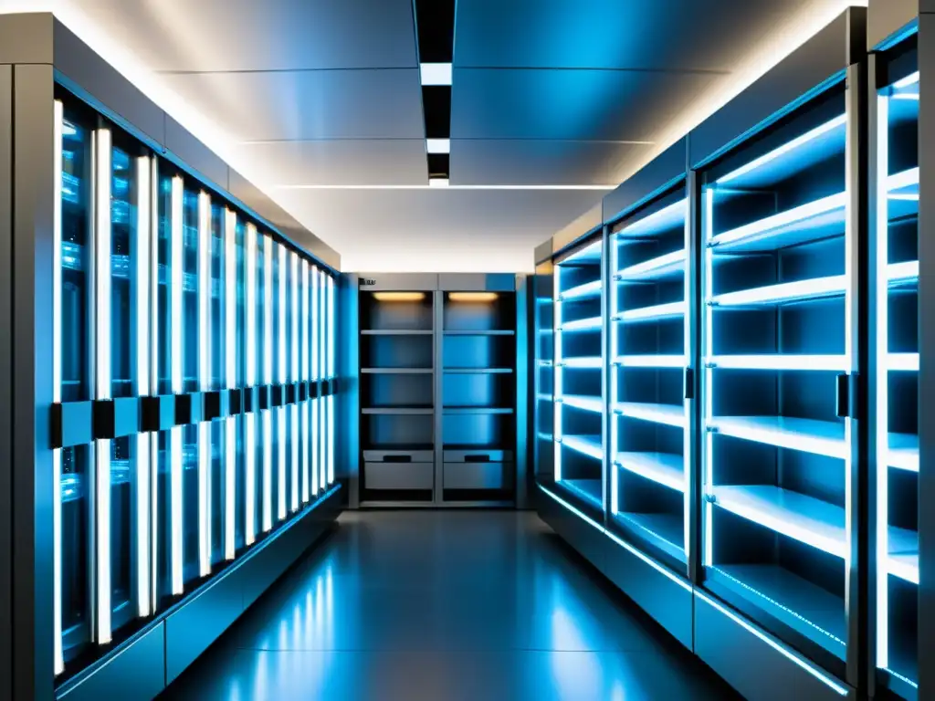 Un sistema de archivo digital futurista con unidades de almacenamiento metálicas y luces LED, rodeado de tecnología avanzada