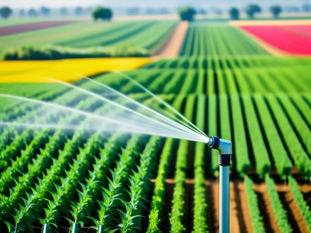 Un sistema de irrigación automatizado en un campo verde exuberante, destacando las patentes de innovación en irrigación con tecnología avanzada