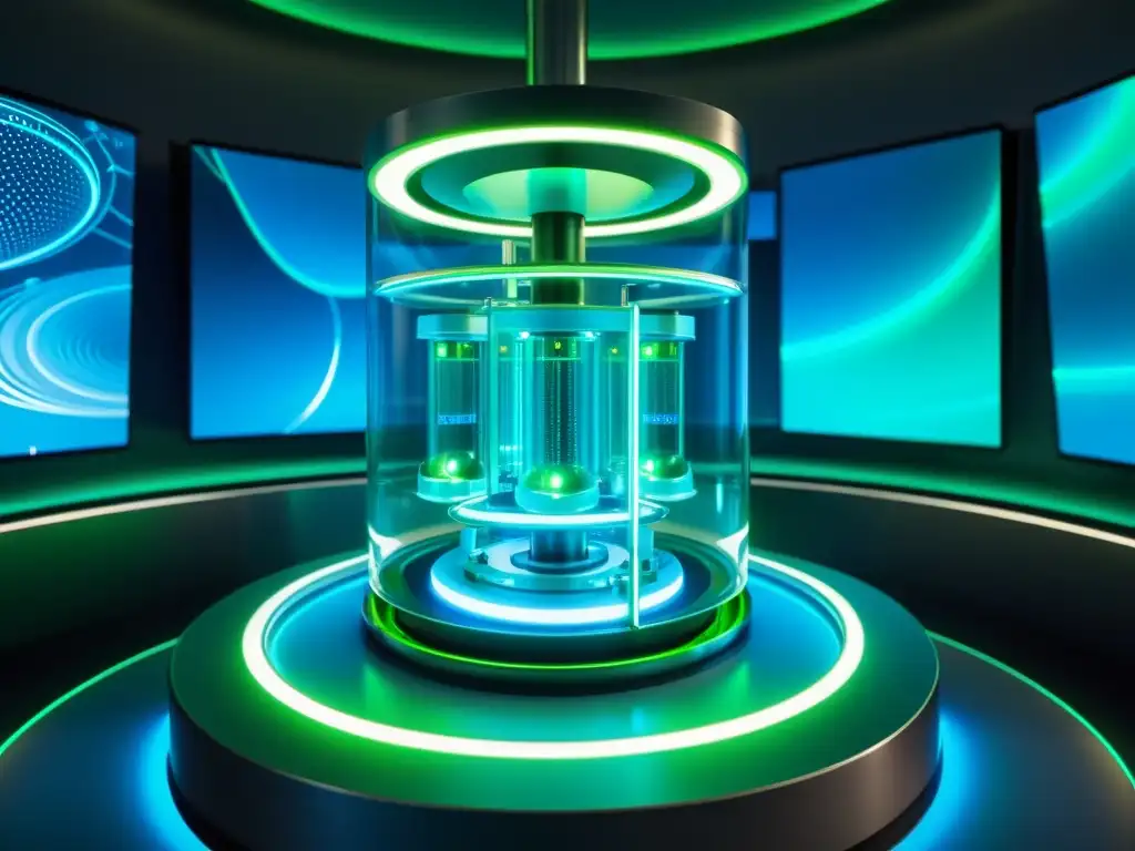 Un sistema de biorreactor de alta tecnología con líquido azul y verde brillante, rodeado de maquinaria futurista y monitores mostrando datos complejos