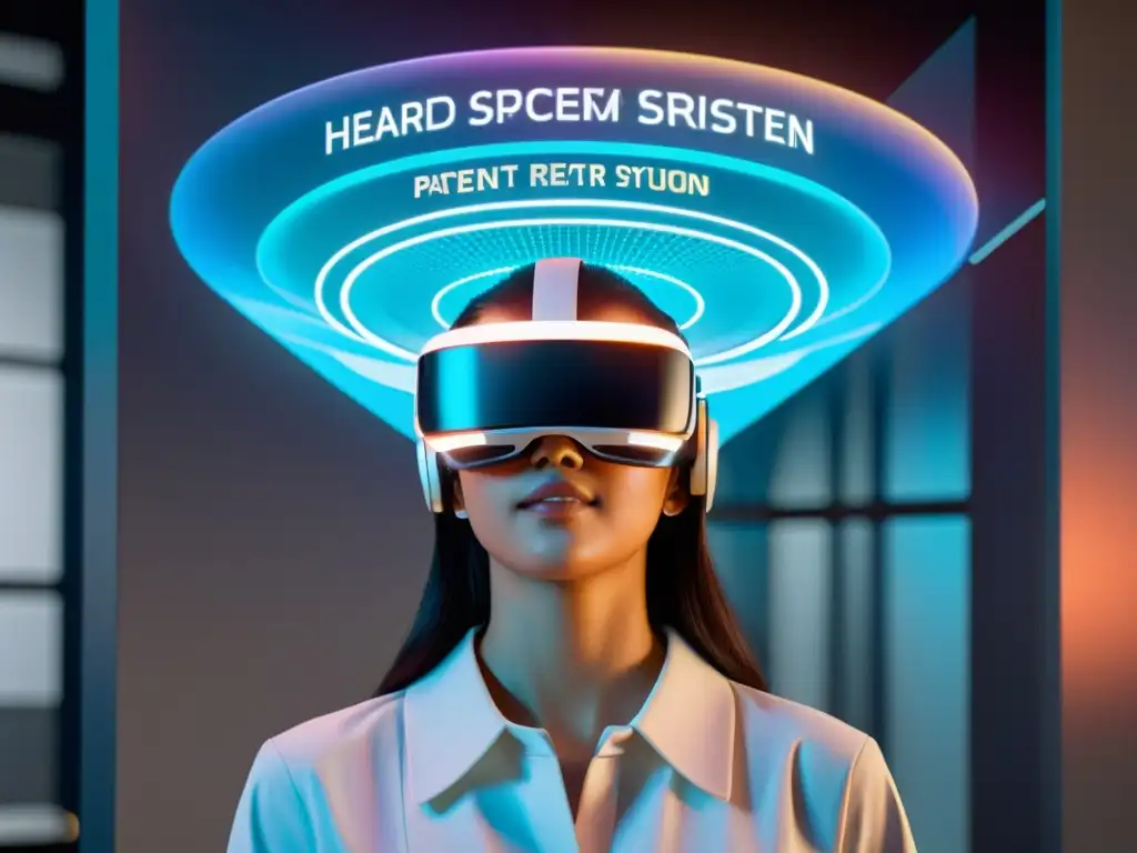 Un sistema de protección de patentes en realidad mixta se muestra en un holograma futurista, con componentes virtuales y físicos integrados