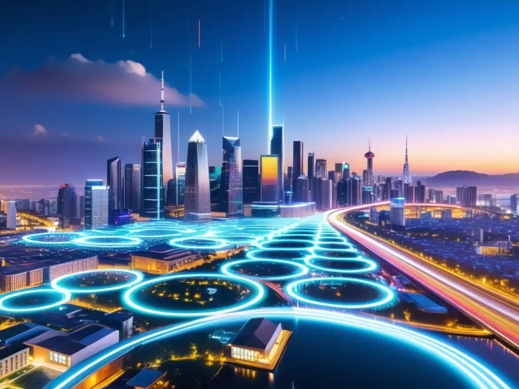 Skyline futurista con datos fluyendo entre edificios iluminados por luces de neón, simbolizando la integración del Big Data en la vida diaria