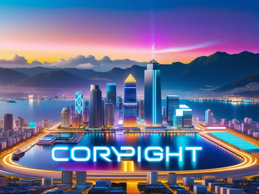 Un skyline futurista y moderno con símbolos de copyright holográficos flotando sobre edificios, representa la protección internacional de la propiedad intelectual en la era digital, iluminado con luces neón vibrantes