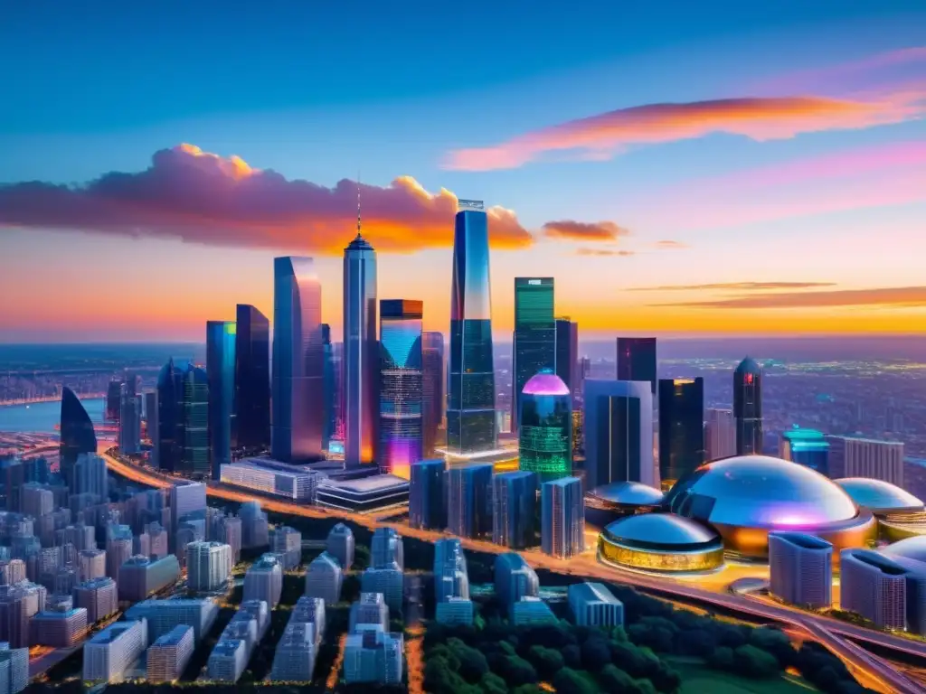 Un skyline futurista con rascacielos tecnológicos y hologramas, evocando la importancia de la propiedad intelectual en estrategias internacionales