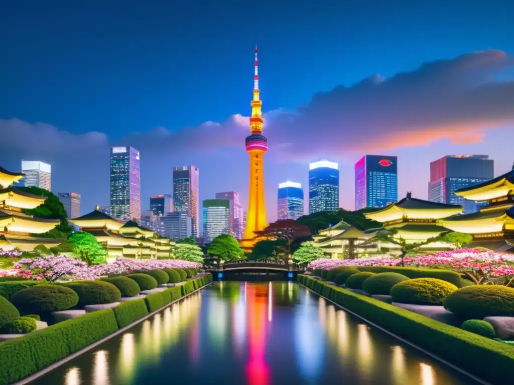 Skyline futurista de Tokio con jardín japonés, reflejo de la legislación japonesa de protección de propiedad intelectual