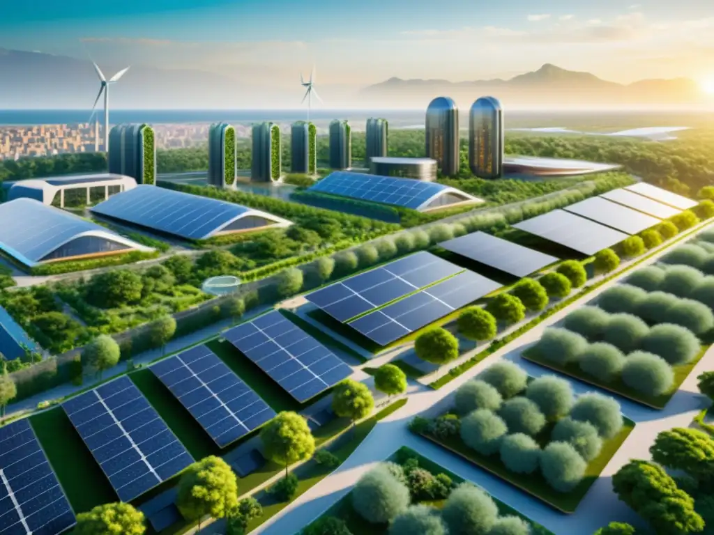 Un skyline futurista y sostenible con energía renovable y equilibrio entre tecnología y naturaleza