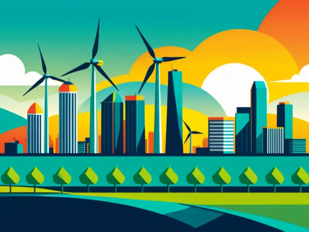 Horizonte urbano sostenible: energía renovable integrada Skyline urbano con energía renovable y patentes verdes para transición energética