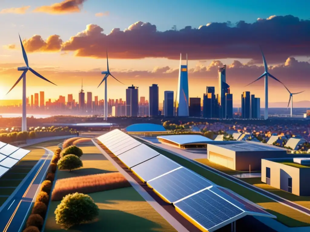 Horizonte urbano sostenible: energía moderna al atardecer Skyline urbano moderno con energía sostenible integrada