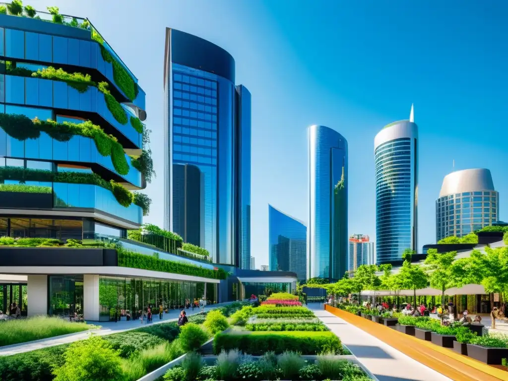 Skyline urbano sostenible con diseño innovador y naturaleza integrada