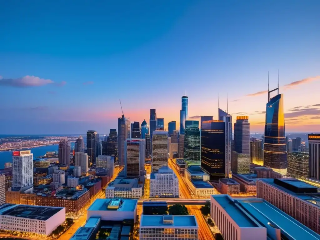 Skyline urbano vibrante al anochecer, con arquitectura moderna iluminada