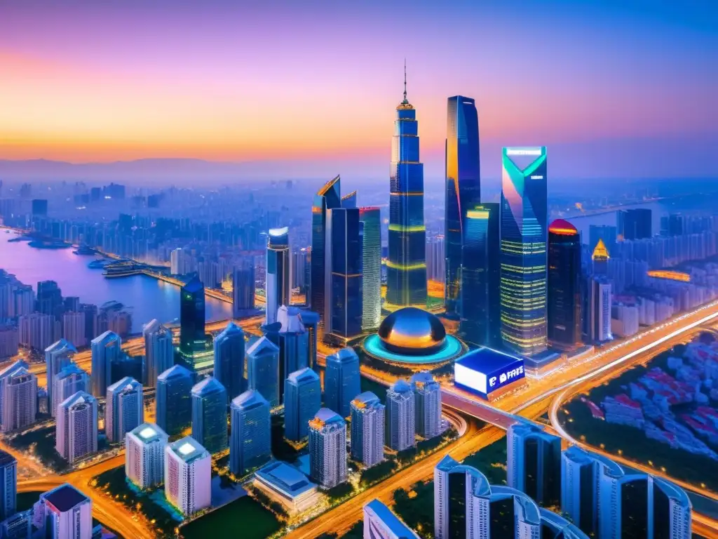 Skyline vibrante con rascacielos y pantallas digitales de empresas, simbolizando el impacto de acuerdos comercio en propiedad intelectual