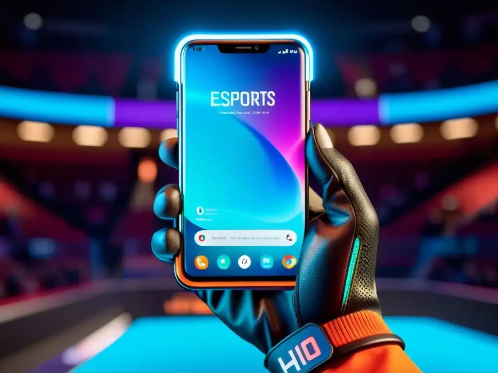 Un smartphone futurista con pantalla holográfica muestra un vibrante juego de eSports