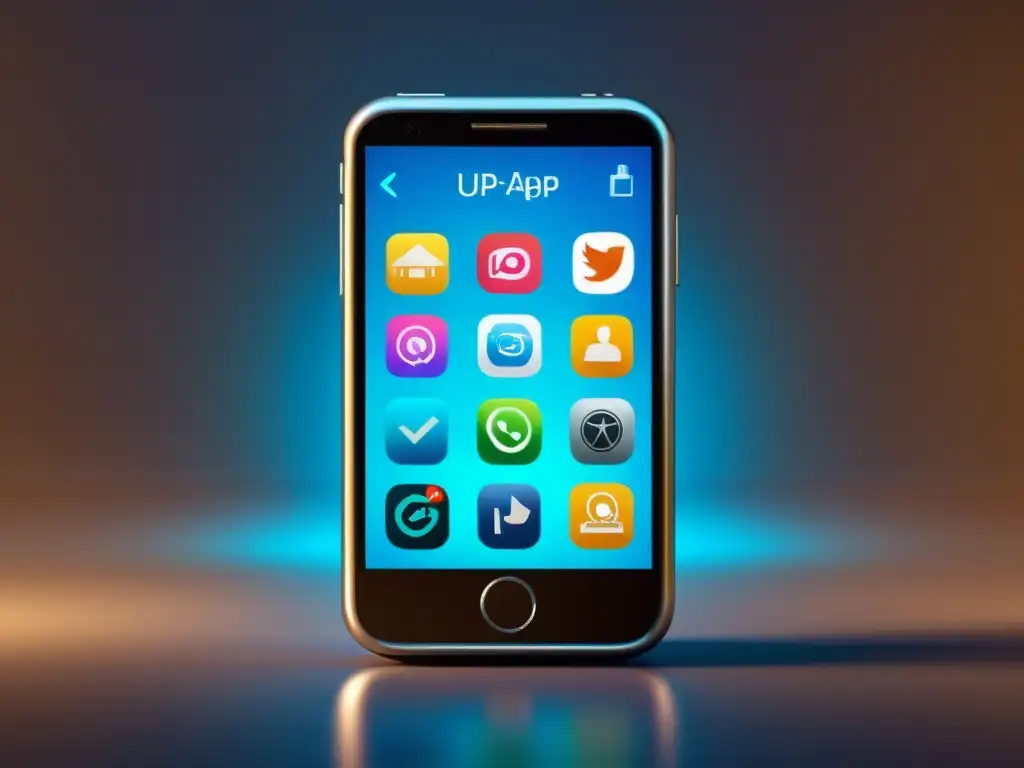 Un smartphone muestra íconos de aplicaciones con símbolos de protección de propiedad intelectual, transmitiendo un tono moderno y profesional