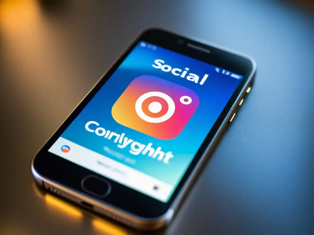 Un smartphone moderno muestra una app de redes sociales con símbolos de copyright