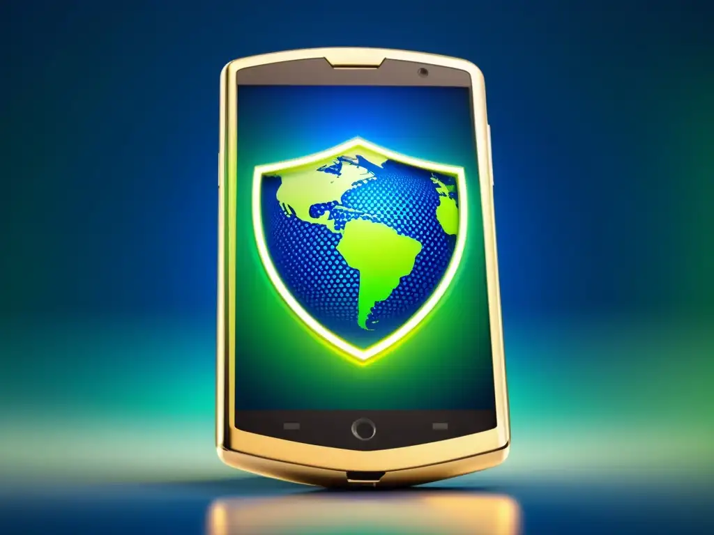 Un smartphone moderno con escudo digital, simbolizando protección para aplicaciones móviles a escala global