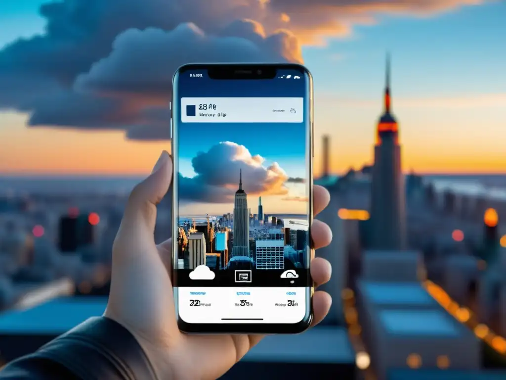 Un smartphone moderno respaldando de forma segura el trabajo de un fotógrafo profesional en la nube, con una ciudad futurista de fondo