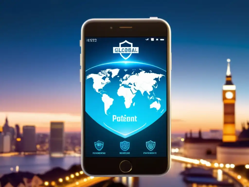 Un smartphone moderno muestra un mapa global con símbolos de copyright, patente y marca, simbolizando la protección internacional para Apps Móviles