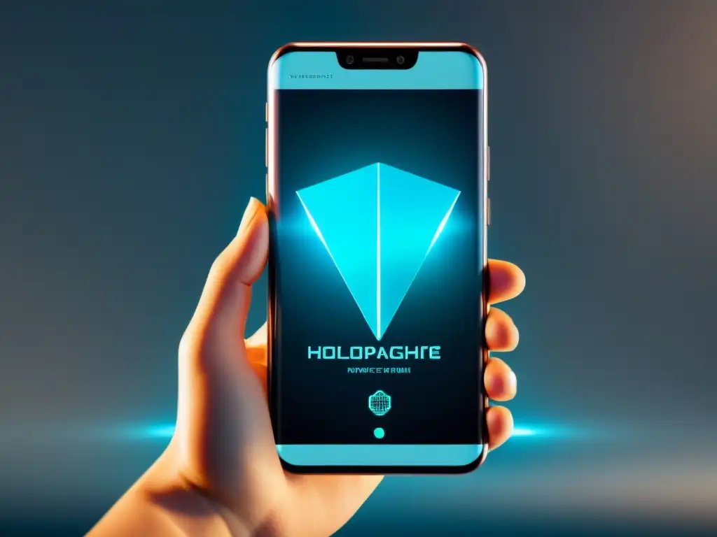 Un smartphone moderno con pantalla holográfica, ilustrando protección legal para identidad visual tecnológica en un diseño futurista