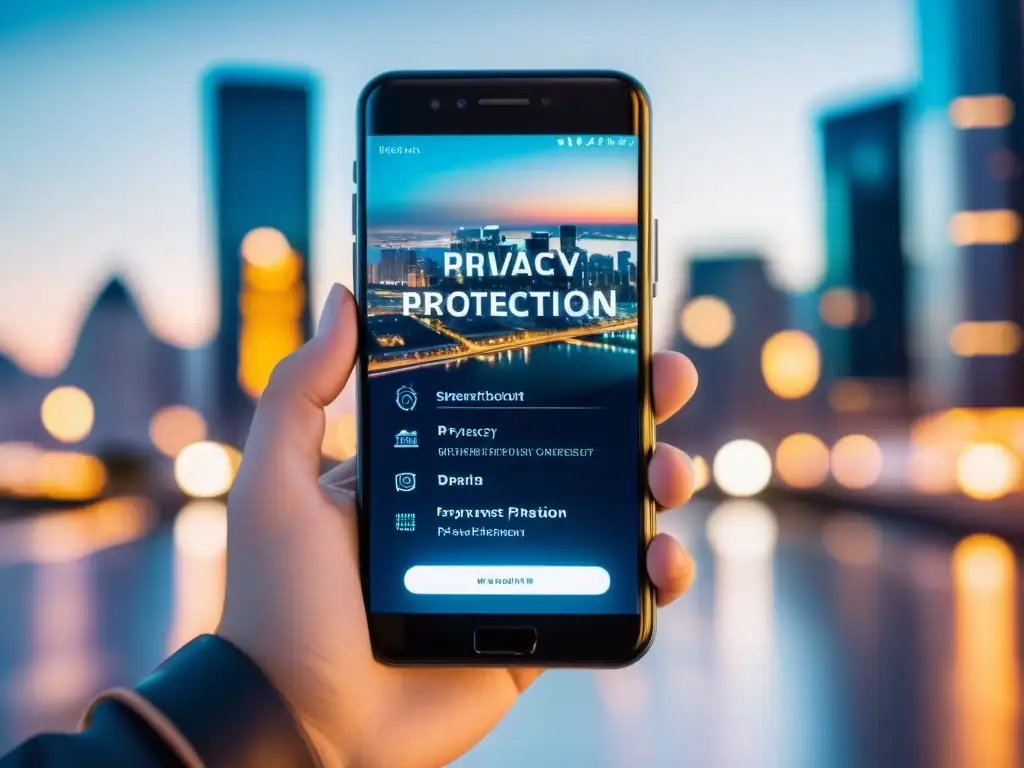Un smartphone moderno con pantalla de política de privacidad, reflejando luces de la ciudad