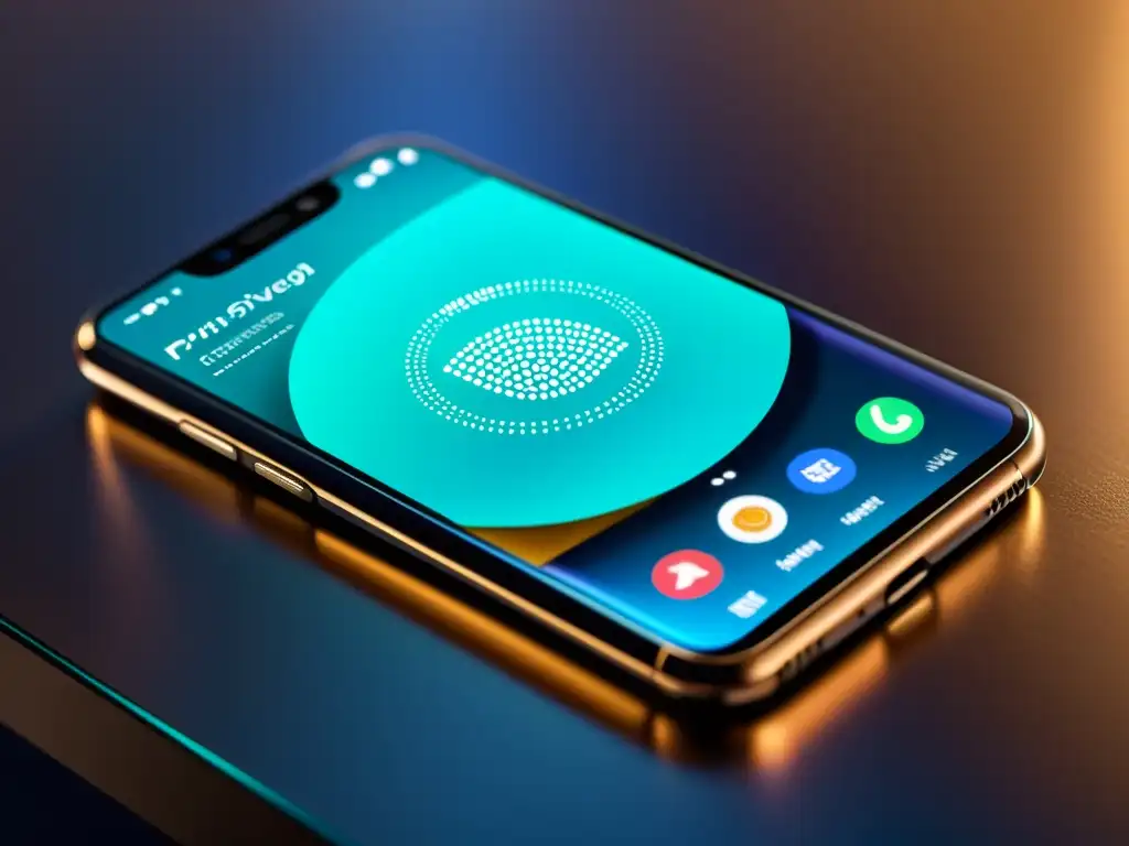 Smartphone moderno con pantalla de privacidad digital que muestra una intersección de marcas y símbolos de privacidad