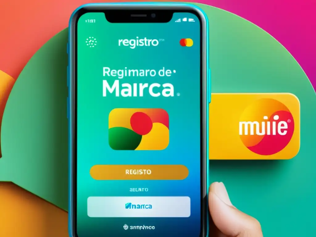 Un smartphone moderno muestra un sitio web de comercio electrónico con botón 'Registro de Marca', logos de pago y seguridad