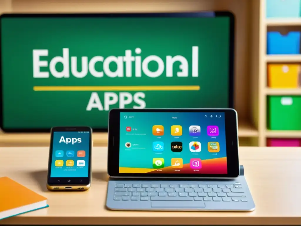 Un smartphone y una tablet muestran apps educativas con contenido vibrante en un aula contemporánea