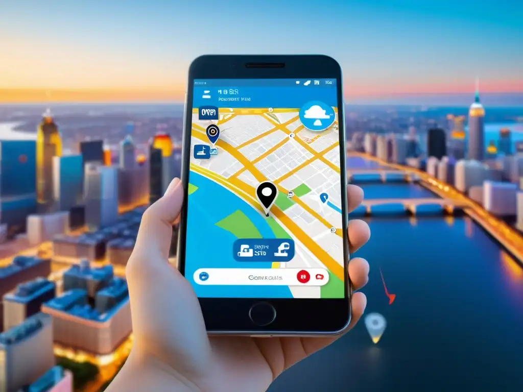 Un smartphone muestra una ubicación en el skyline de la ciudad, rodeado de elementos de branding dinámicos