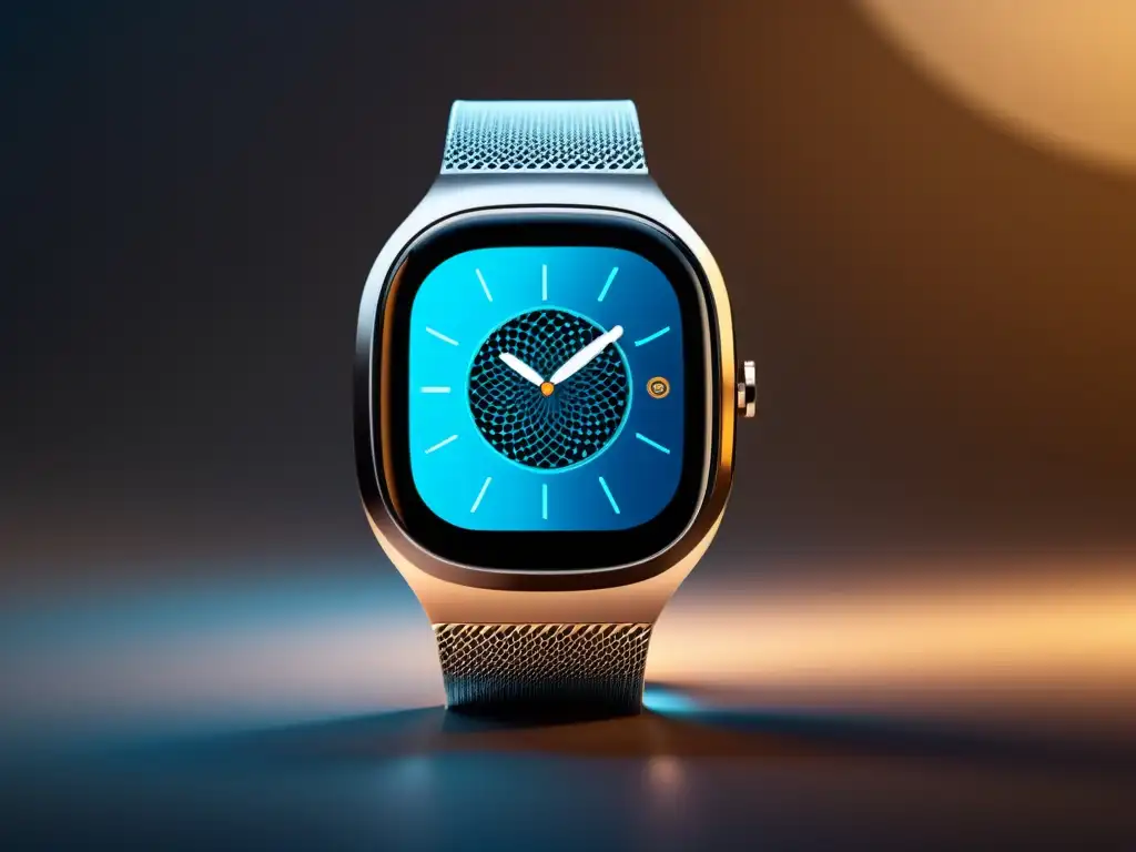 Un smartwatch futurista con un diseño único y elegante resaltado contra un fondo minimalista