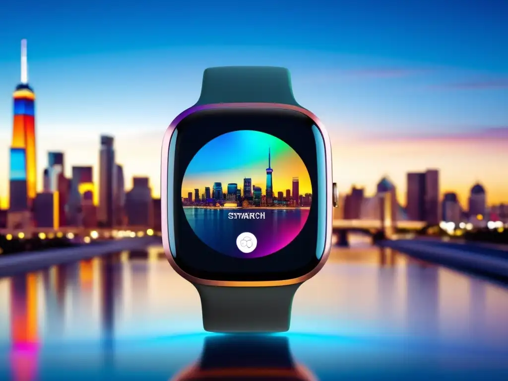 Un smartwatch futurista frente a la ciudad, simbolizando la ventaja competitiva tecnología vestible